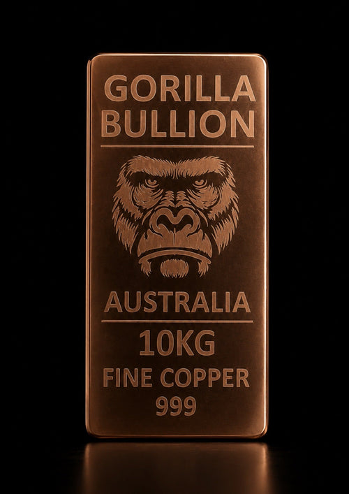 10KG Copper Bullion Bar - front face on black background