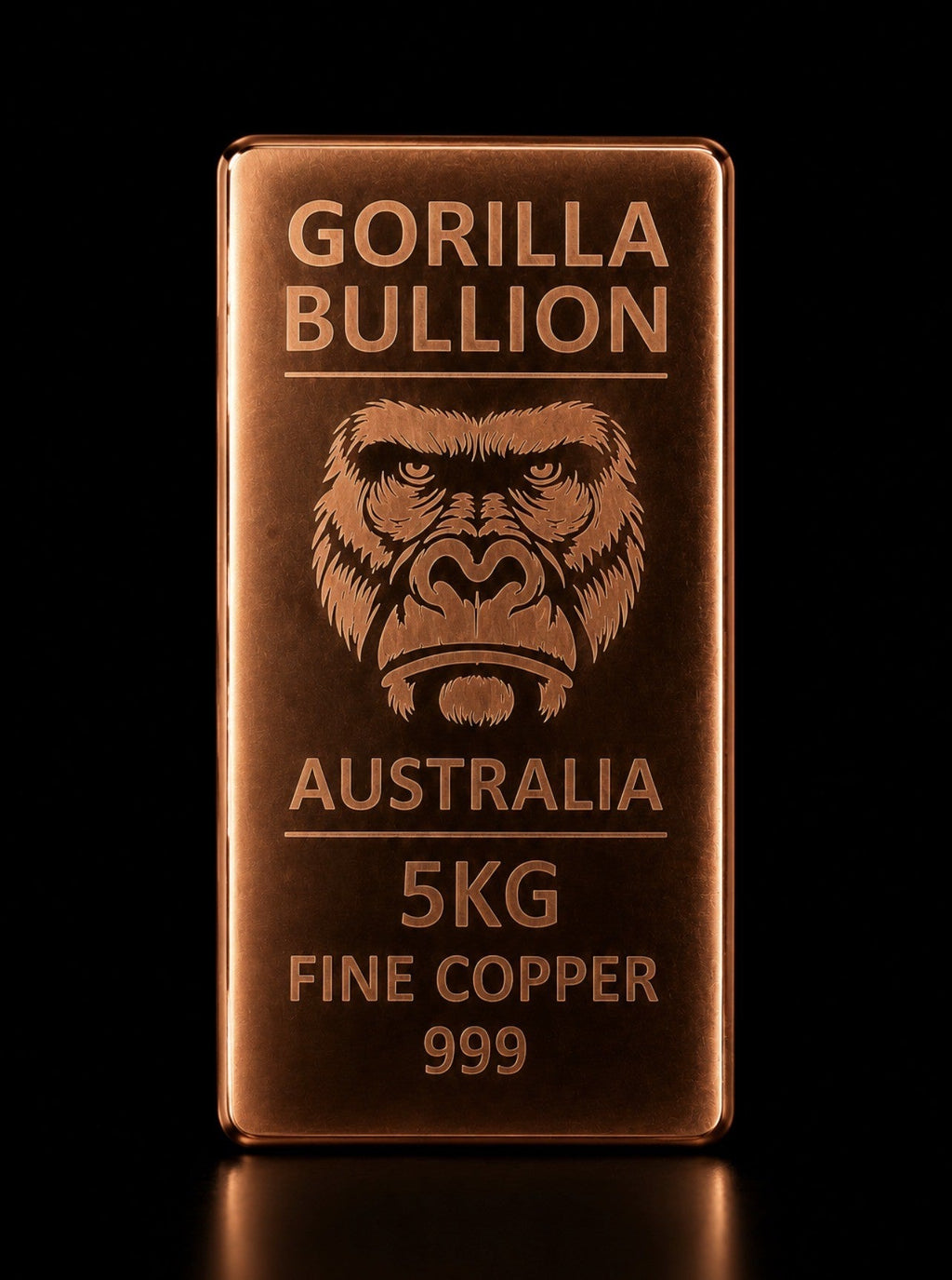 5KG Copper Bullion Bar - front face on black background