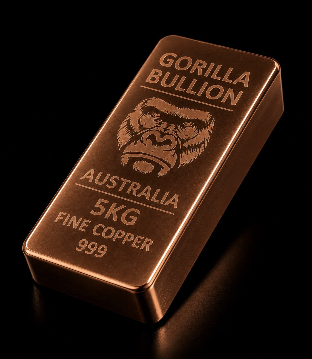 5KG Copper Bullion Bar - side angle on black background
